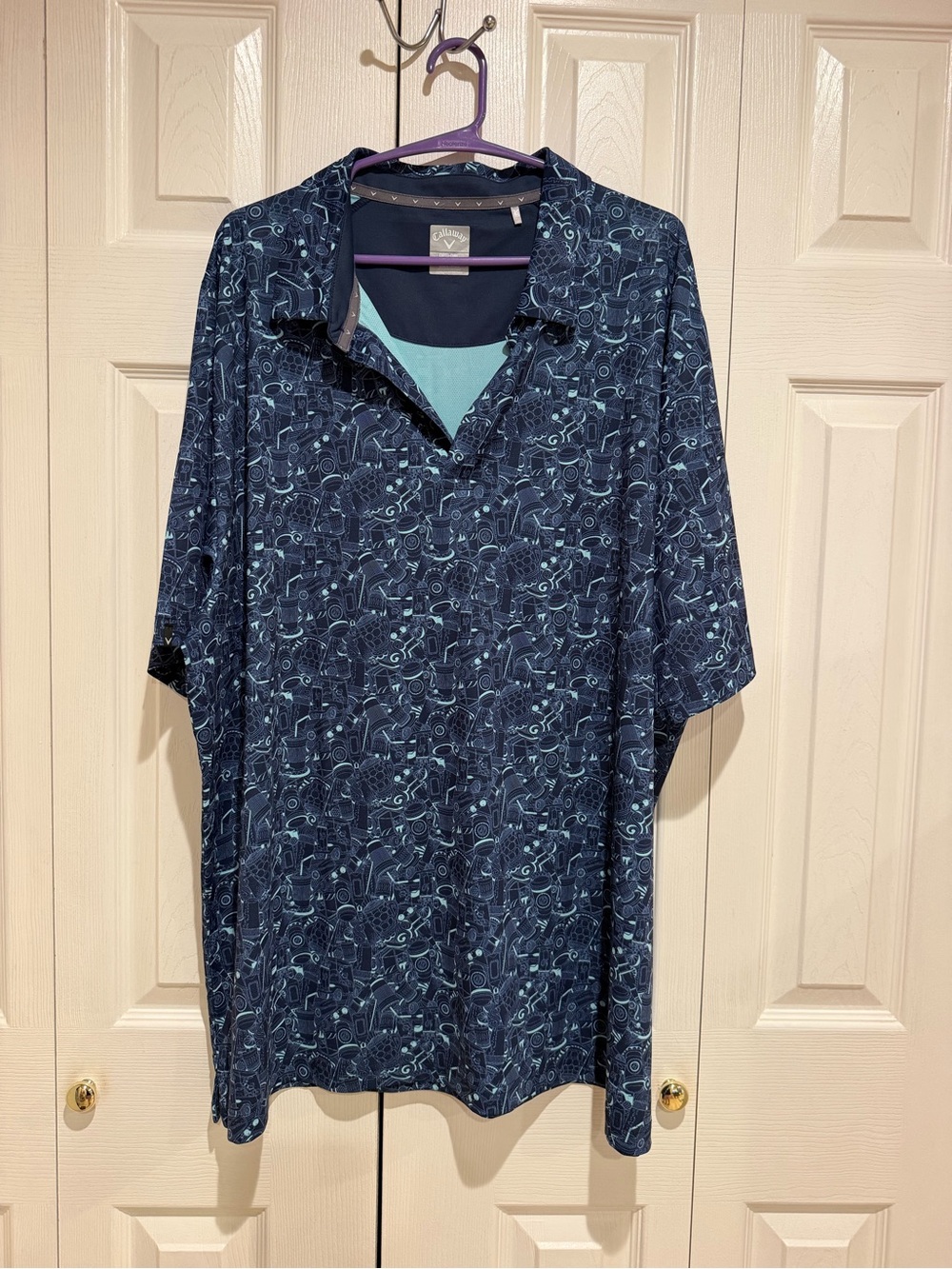 Callaway Navy Printed Short-Sleeve Polo with Light Blue Accents